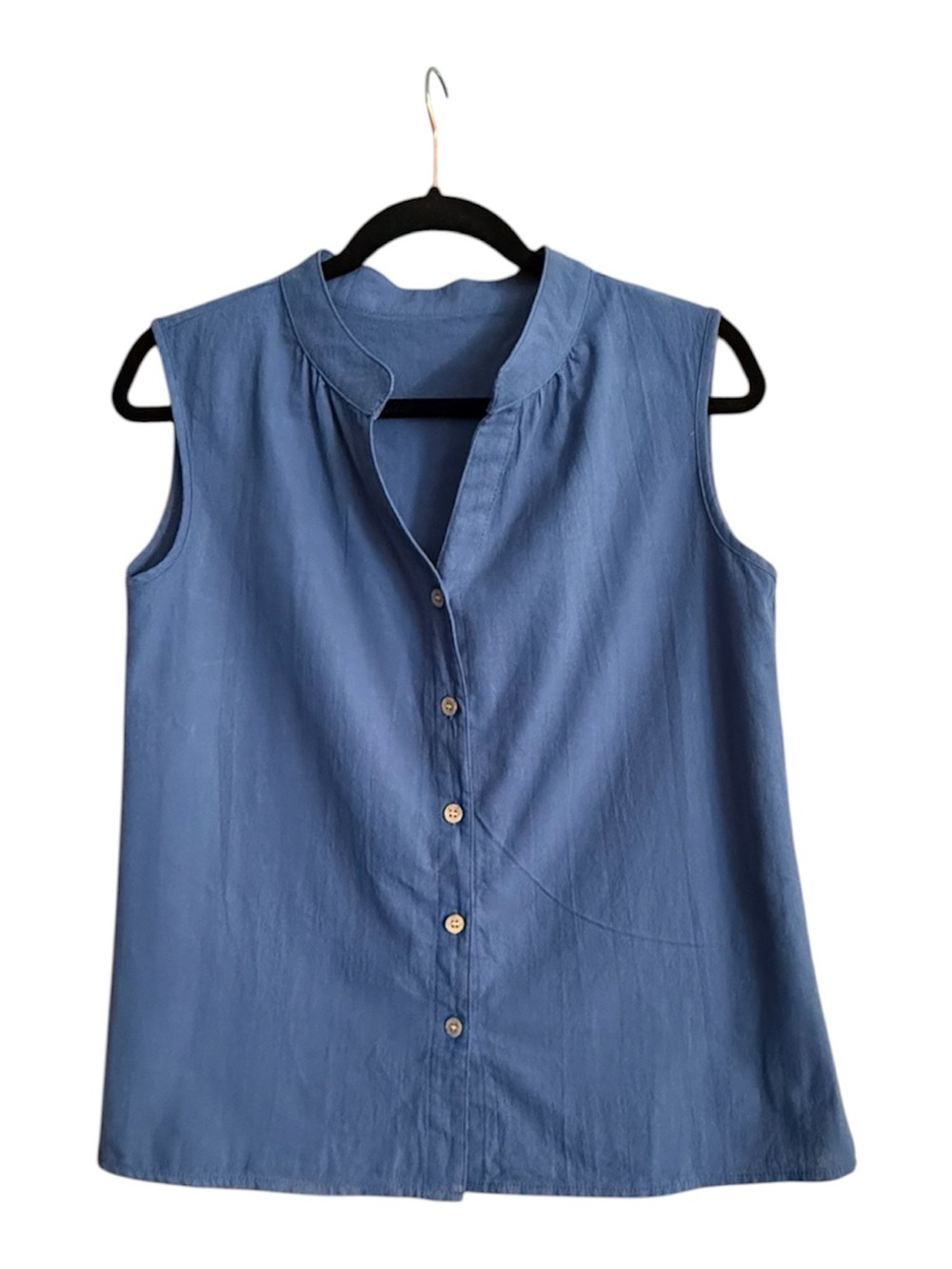 Sleeveless Linen Button-Front Blue Women's Top Blue